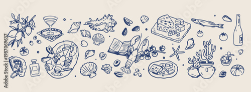 Seafood and ocean shells vector pattern, hand drawn marine life line art, coastal crustacean and mollusk drawing, nautical summer beach theme design, fish and shellfish sketch elements, underwater nat