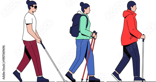 Vector Illustration of Three People Using Walking Canes for Navigation, Including a Blind Person and Hikers, in a Minimalist Style