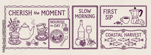 Italian summer lifestyle hand drawn vector, Mediterranean dolce vita aesthetic line art, coastal travel vacation drawing elements, food and wine outdoor dining, vintage retro poster style design, holi