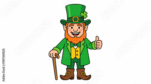 Cheerful cartoon leprechaun in a green suit and top hat giving a thumbs up, ideal for St. Patrick's Day themes and Irish folklore branding
