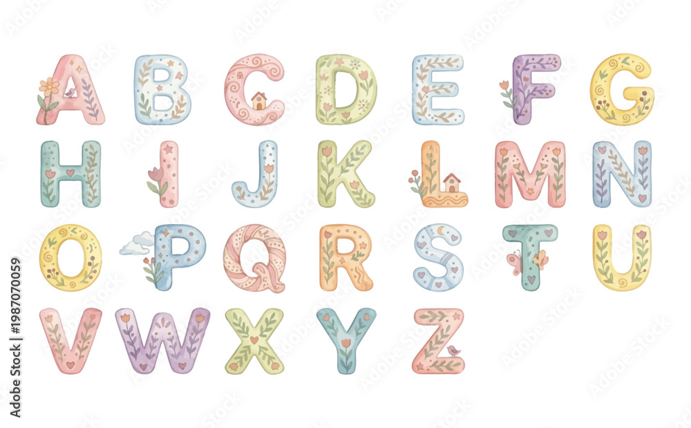 Obraz premium Watercolor Decorative Alphabet Clipart Set — A to Z Cute Floral Botanical Letter Illustration