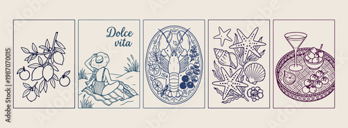 Dolce vita coastal lifestyle vector, hand drawn italian summer line art, aesthetic sea travel illustration, romantic mediterranean holiday sketch, vintage travel poster design elements, coastal villag