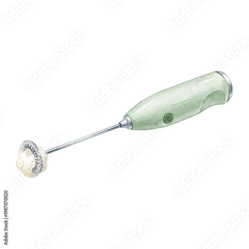 Modern handheld milk frother with stainless steel whisk, perfect for creating creamy foam for coffee and lattes, isolated on a clean white background.