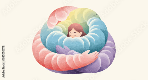 Child Sleeping in Colorful Feather Nest Safe Dreamy Comfort Illustration