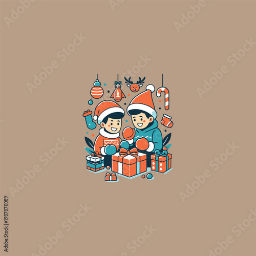 Cute Boys in Santa Hats Opening Christmas Gifts with Hanging Ornaments and Winter Icons Illustration Vector