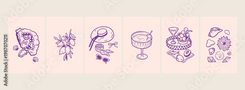 Summer holiday accessories vector sketch, hand drawn beach vacation line art, tropical travel items illustration, aesthetic summer lifestyle drawing elements, sun hat and cocktail sketch, seasonal lei