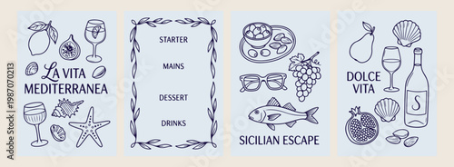Sicilian escape menu vector design, hand drawn mediterranean food line art, traditional italian cuisine illustration, coastal holiday dining sketch elements, elegant restaurant menu layout art, aesthe