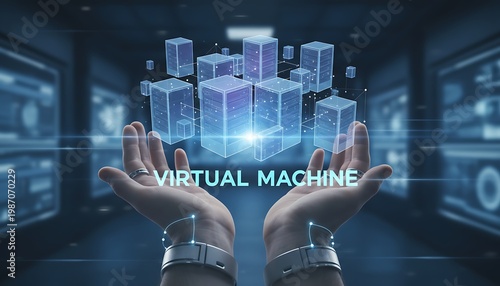 Hands holding virtual machine cubes in a futuristic digital environment, representing technology and innovation.