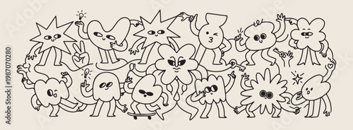 Funky doodle characters vector pattern, hand drawn funny monster illustration, cute weird creatures line art, playful cartoon character drawing elements, unique artistic street art graphics, expressiv