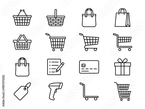 Retail shopping and e commerce icon set with supermarket carts baskets shopping bags and credit card payment symbols commerce purchase customer checklist delivery consumer checkout