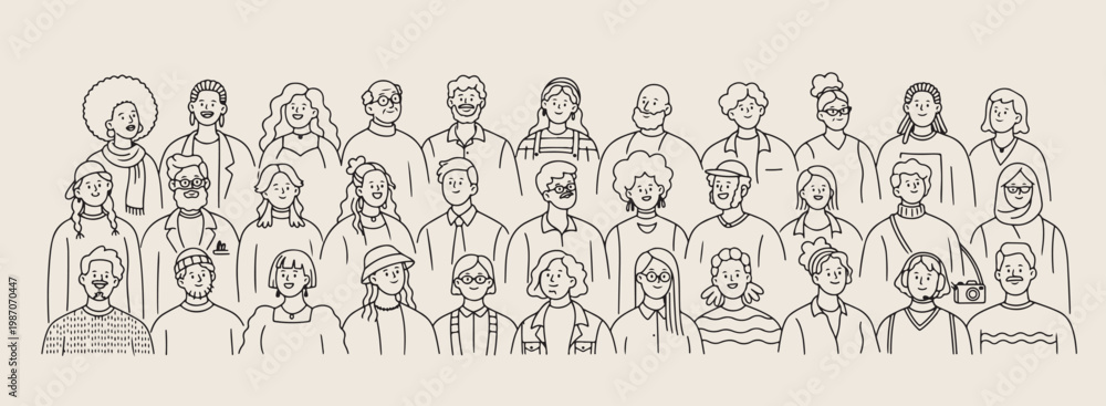 Fototapeta premium Diverse crowd people line art vector, hand drawn community portrait illustration, multicultural group of people sketch, social connection human figures drawing, collective society group line art, mode