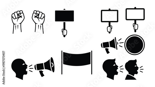 Protest and public demonstration silhouette icons for social activism.