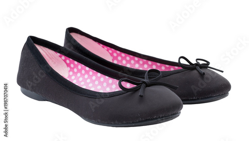 Fotografie Black ballet flats with pink polka dot lining and bow detail, isolated on transp