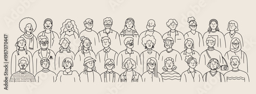 Diverse crowd people line art vector, hand drawn community portrait illustration, multicultural group of people sketch, social connection human figures drawing, collective society group line art, mode