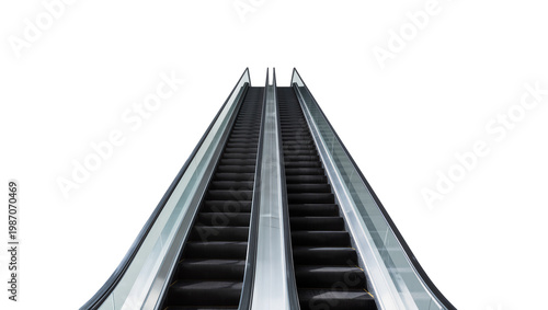 Modern dual escalator with black steps and glass railings, isolated on transparent background