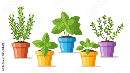 Kitchen Herb Icon Set with Rosemary Basil Mint and Thyme in Colorful Pots, Vibrant Green Flat Design, Culinary Botanical Vector on White Background