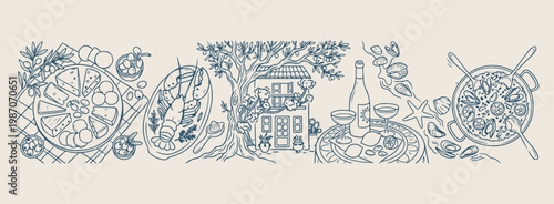 Country house and nature garden vector, hand drawn rustic cottage line art, peaceful rural landscape sketch illustration, traditional architecture and garden drawing, cozy home environment graphics, n
