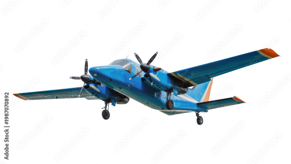 Fototapeta premium Blue twin-engine propeller aircraft with orange accents, isolated on transparent background