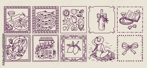 Wine and fruit gourmet vector collection, hand drawn restaurant menu line art, traditional mediterranean food illustration, winery lifestyle sketch elements, vineyard harvest and dining drawing, aesth