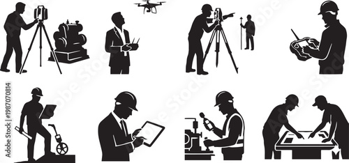 Heavy excavator silhouette set, industrial construction machinery icons, 6 vector digging equipment illustrations for civil engineering projects