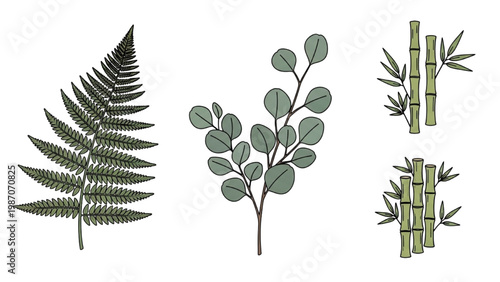 Botanical Garden Icon Sheet with Fern Fronds Eucalyptus and Bamboo Stalks, Muted Natural Colors, Clean Vector Lines, Floral Set on White Background