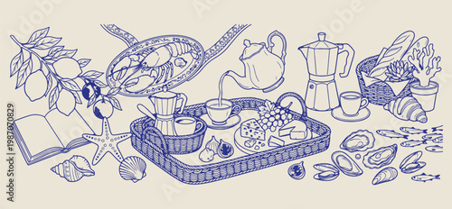 Afternoon tea and cake tray vector, hand drawn bakery sweets line art, traditional high tea sketch illustration, aesthetic cafe dessert drawing elements, sweet treat and beverage graphics, cozy tea ti