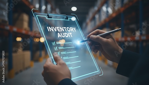 Person conducting a digital inventory audit in a warehouse using a futuristic transparent tablet with a stylus.