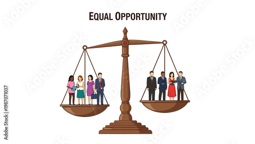 Equal opportunity concept with diverse group of business people standing on balanced scales of justice.