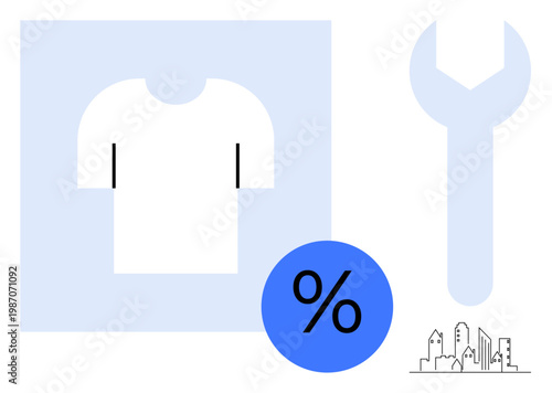 Marketing, retail, customization, urban development, discount promotion, tools. Clean composition with a shirt icon, wrench percentage symbol and cityscape outline. Retail and customization