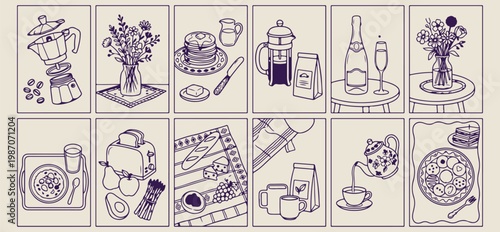 Morning coffee and breakfast vector set, hand drawn cafe culture line art, traditional breakfast meal sketch illustration, aesthetic coffee brewer and beans drawing, morning routine lifestyle graphics