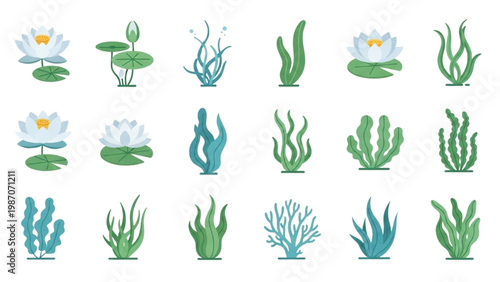 Aquatic Plant Icon Collection with Water Lilies Lotus and Seaweed, Calming Blue and Green Tones, Flat Vector Style, Pond Flora on White Background