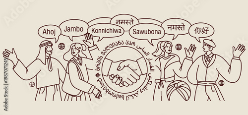 Global greeting handshake and peace vector, hand drawn international friendship line art, multicultural unity and respect illustration, world languages greeting sketch elements, global partnership and