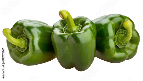 Bilde på lerret Three glossy green bell peppers with curved stems, isolated on transparent backg