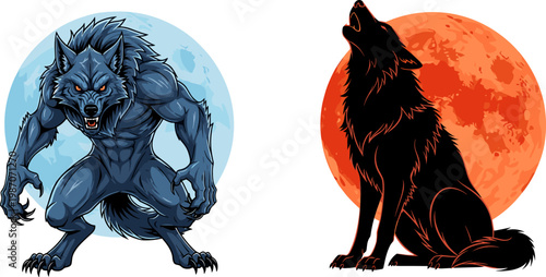 Werewolf Character and Howling Wolf Silhouette with Full Moon Background, Fantasy Creature and Wild Animal Night Scene Vector Illustration