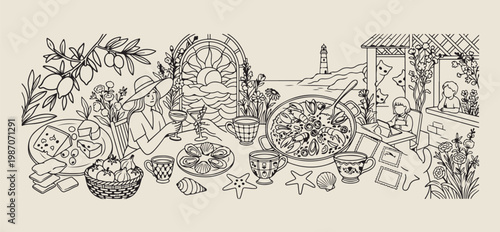 Mediterranean seafood platter and sea view, hand drawn coastal dining line art, traditional shellfish feast sketch illustration, oceanfront restaurant food drawing elements, aquatic nature meal graphi