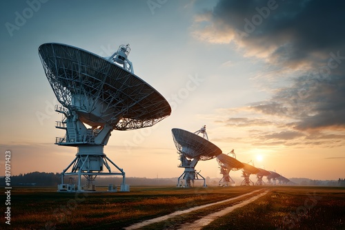 Giant satellite dishes in a field capture the vastness of the cosmos at sunset