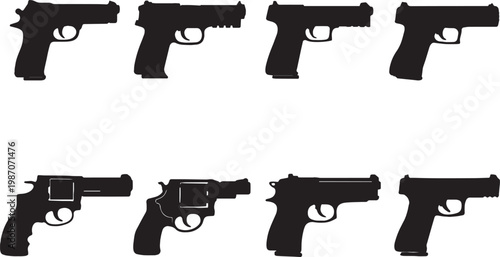Black handgun silhouettes set, collection of 8 pistol and revolver vector icons, modern firearm side view profiles for security and law enforcement graphics