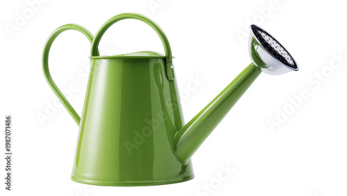 Fotografía Shiny green metal watering can with silver sprinkler head, isolated on transpare