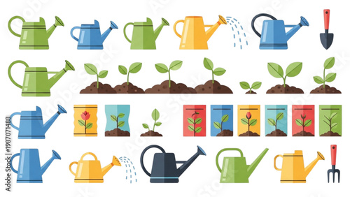 Garden Tool and Plant Icon Sheet featuring Watering Cans Sprouts and Seed Packets, Bright Cheerful Colors, Flat Vector Illustration on White Background