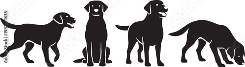 Labrador Retriever dog silhouettes in various poses, black labrador dog vector icons, set of four retriever dog breed illustrations for pet branding