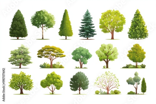 Diverse collection of illustrated trees, showcasing various shapes and foliage