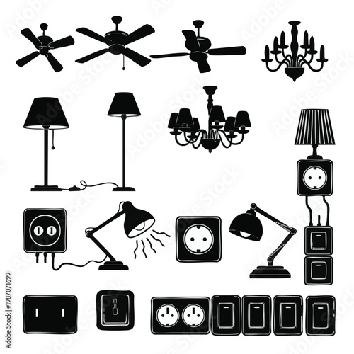 Electric lamps, ceiling fans, chandeliers, and outlets, vector icons