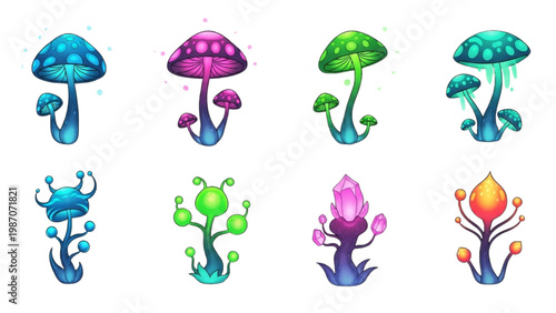 Fantasy Glowing Plant Icons, Bioluminescent Mushrooms and Alien Flora, Neon Colors, Clean Vector Shapes, Futuristic Botanical Set on White Background