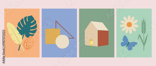 Abstract house and shapes composition vector, modern minimalist architecture art illustration, flat design home and geometric forms, contemporary domestic life graphic elements, aesthetic residential 