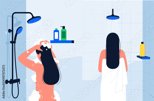 Woman Taking Shower Illustration with Bathroom Interior, Hygiene Routine, Hair Washing, Daily Self Care Concept, Modern Flat Vector Design