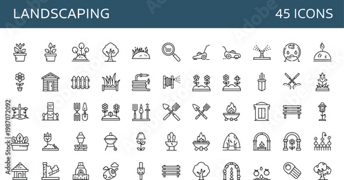 Landscaping icon set with garden tools plants outdoor furniture and yard maintenance symbols in outline style for design