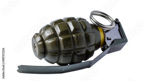 Картината върху платно Olive green fragmentation hand grenade with metal pin and lever, isolated on tra