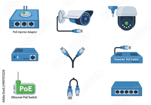 Network device collection PoE Injector, Ethernet Switch, and Security Cameras for home and business connectivity solutions