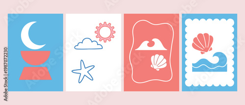 Beach shell and waves, summer coastal illustration, minimalist sea life art, modern ocean poster, blue and red aesthetic, creative seashell design, simple holiday graphic
