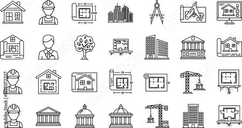 Architecture and construction icon set with buildings blueprints engineers and urban development symbols in outline style